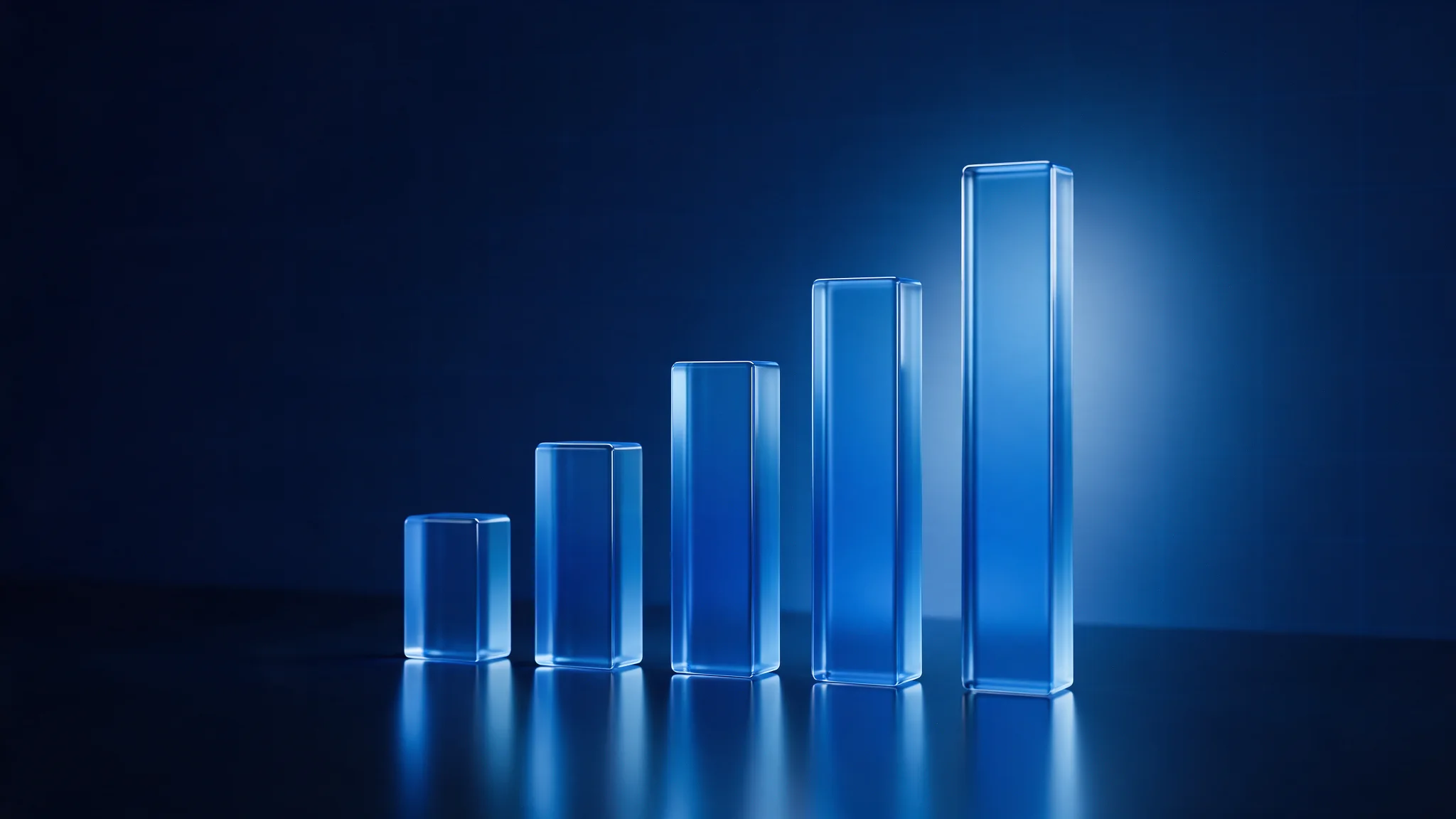 Cinco barras de cristal azul que suben de izquierda a derecha como un gráfico bursátil, sobre fondo azul marino